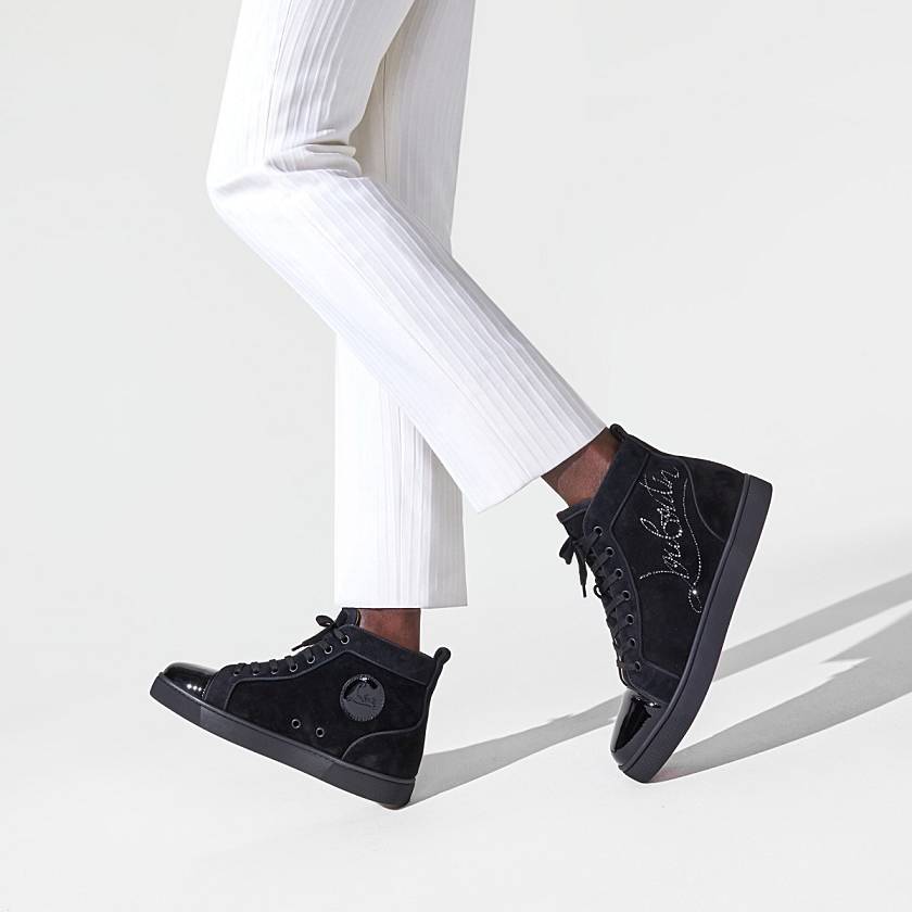 Men's Christian Louboutin Navy Louis Strass Strass High Top Sneakers - Black [4926-013]